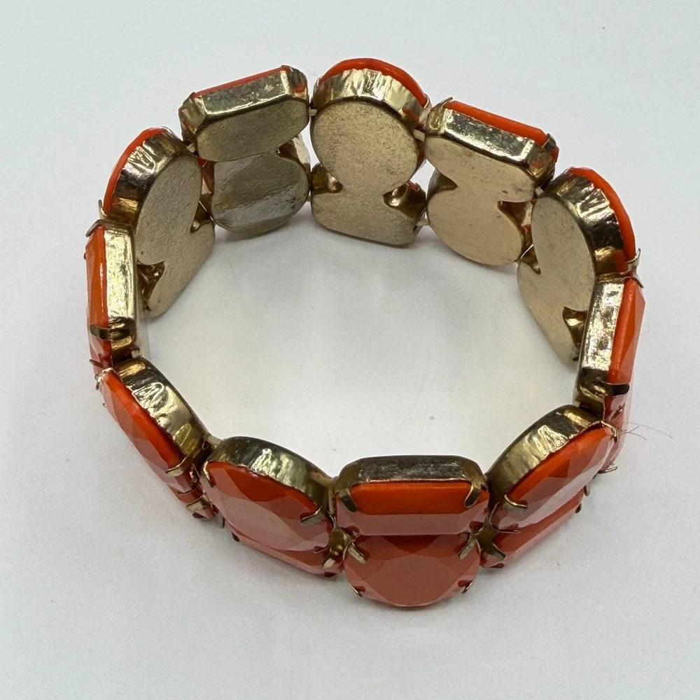 Orange Faceted Rhinestone Stretch Bracelet Chunky Statement Cocktail Boho Gift